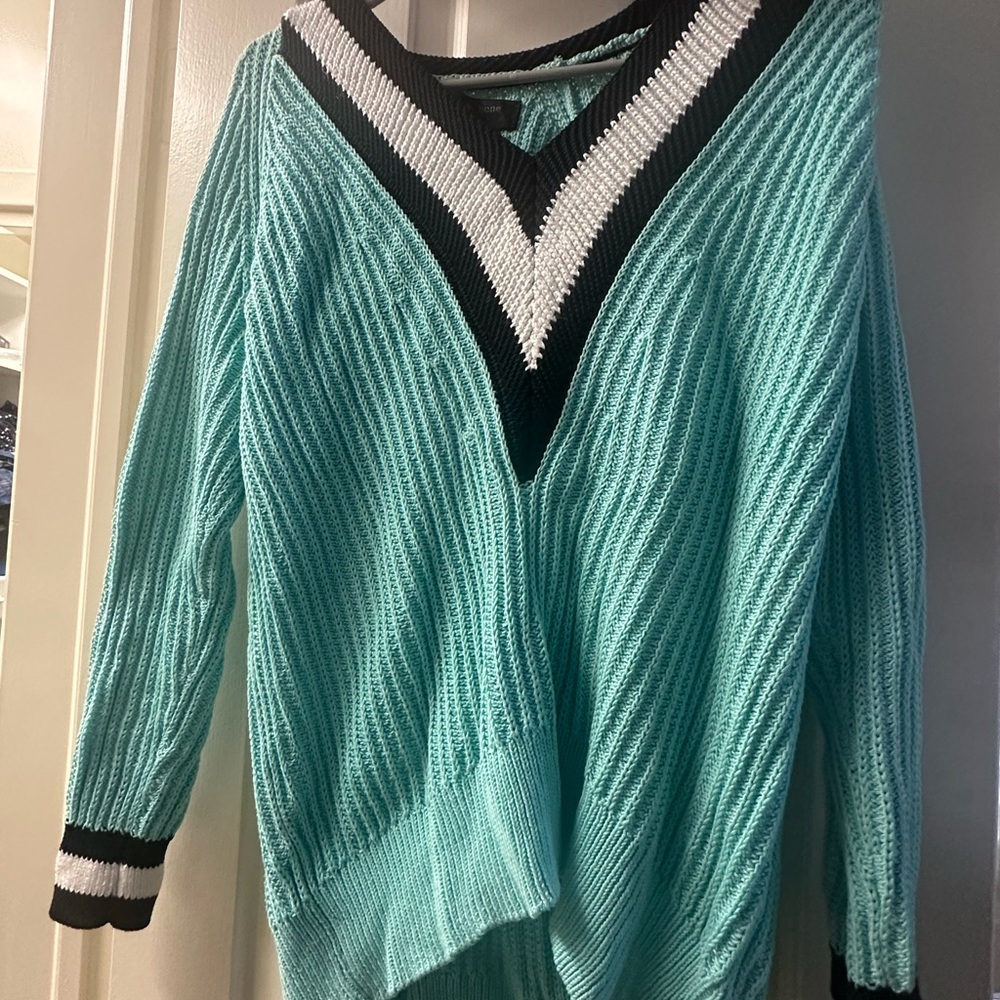 rag & bone Aqua V-Neck Sweater with Black and White Details